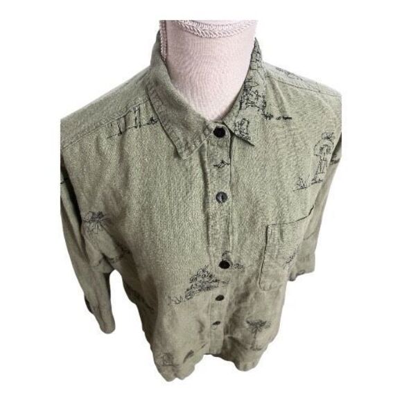 Chico's Sage Green Linen Monkey Print Button-Up Shirt Size 0 (4) Slit 3/4-Sleeve - Picture 5 of 13